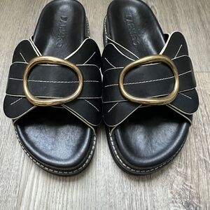 FARM Rio Black Slide Mules with Gold Oval Buckles